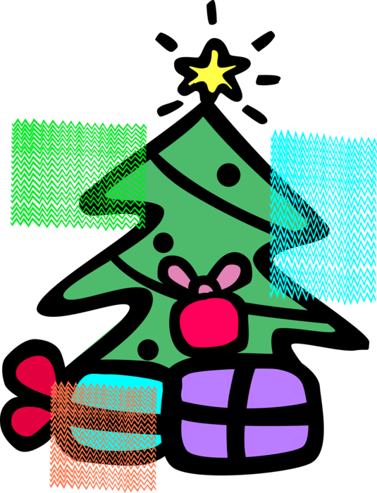 Vector Illustration of Evergreen Christmas Tree with Ornament Decorations and Gift Presents