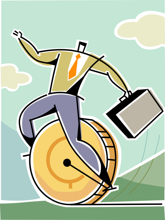 Vector Illustration of Businessman with Briefcase Rides Unicycle Financial Cash Money Currency Coin