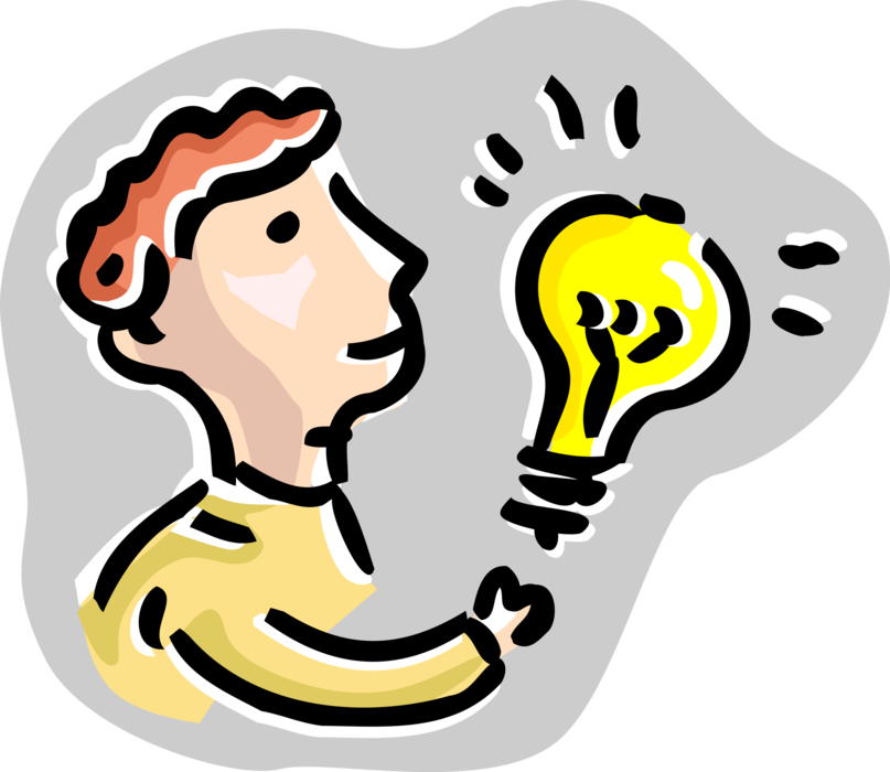Vector Illustration of Inventor with Bright Idea Electric Light Bulb Symbol of Invention, Innovation, and Good Ideas