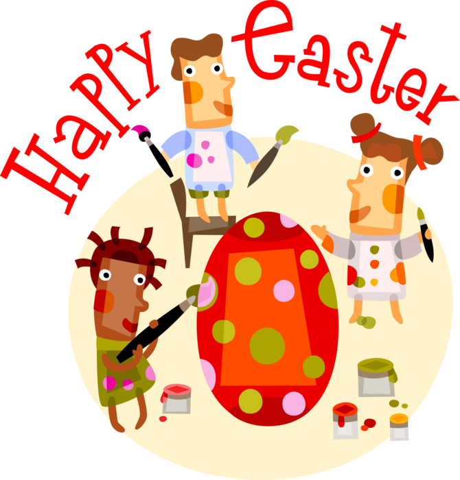 Vector Illustration of Happy Easter Kids Decorate Pascha Eggs with Paintbrushes 