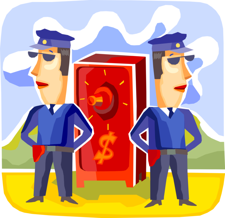 Vector Illustration of Security Guards Protect Financial Bank Vault Safe Containing Cash Money and Valuables