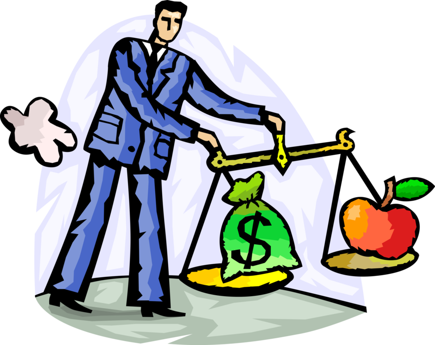 Vector Illustration of Businessman Weighs Cash Money Bag and Apple of Knowledge and Experience on Scale