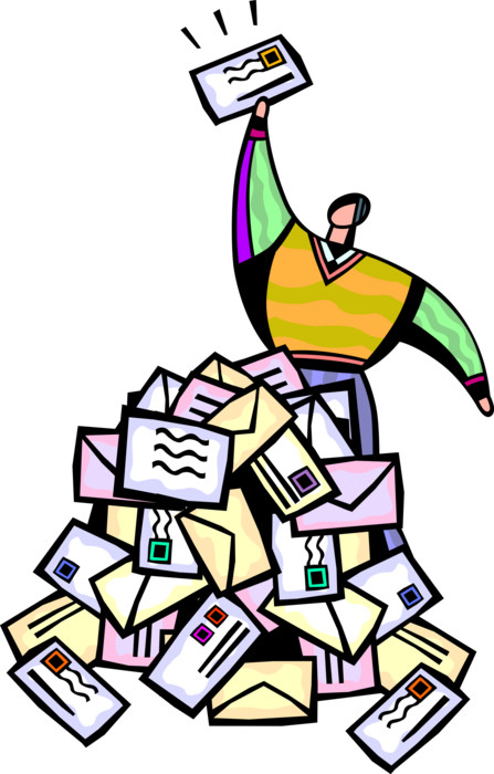 Vector Illustration of Businessman with Pile of Post Office Snail Mail Letter Envelopes Finds Important Correspondence
