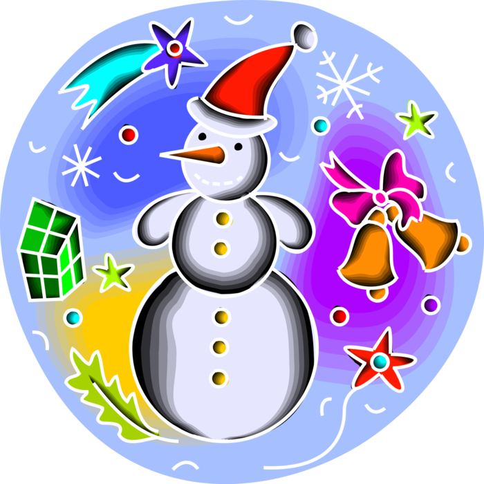 Vector Illustration of Snowman Anthropomorphic Snow Sculpture with Carrot Nose, Christmas Bells, Shooting Star