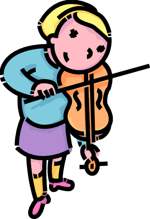Vector Illustration of Primary or Elementary School Student Girl Musician Plays Violin Stringed Musical Instrument in Music Class