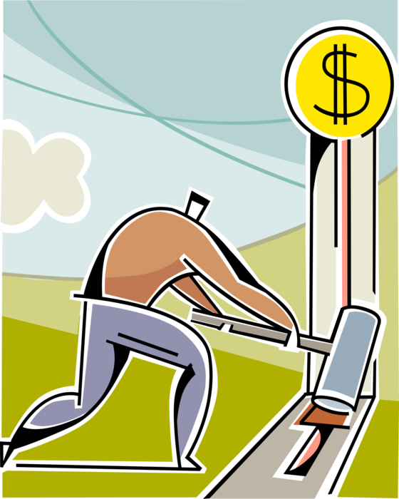 Vector Illustration of Strongman Businessman with Strength Tester Carnival Game Makes Financial Goal Bell Ring with Hammer
