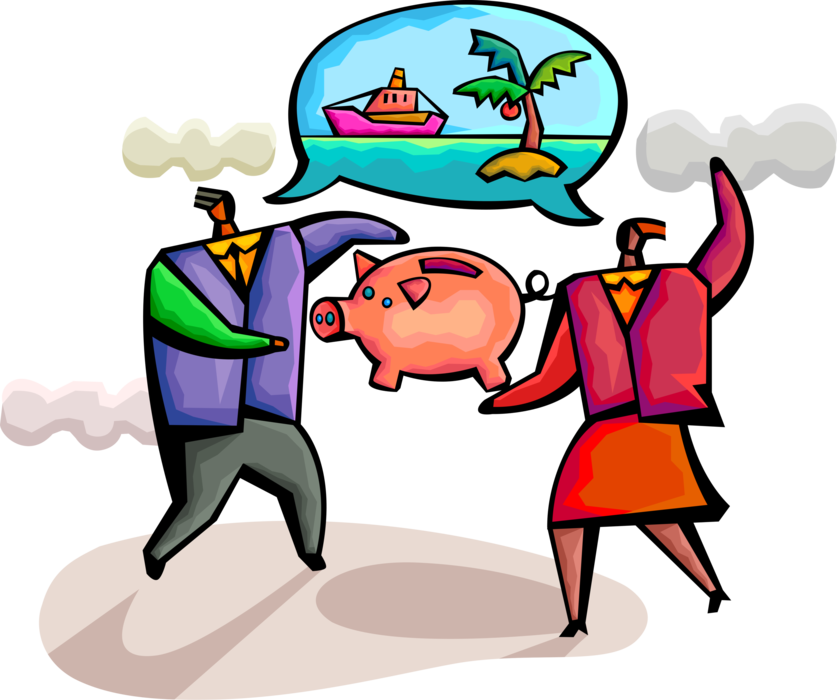 Vector Illustration of Working Couple Save Cash Money for Holiday Vacation Cruise to Exotic Island Destination