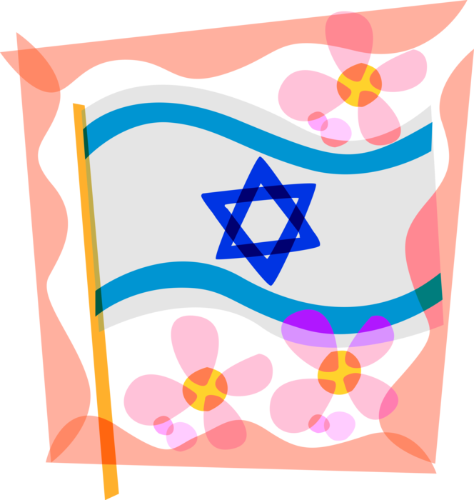 Vector Illustration of Flag of Israel with Star of David Shield of Jewish Identity and Judaism with Flower Blossoms