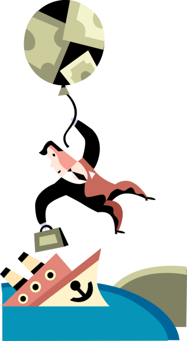Vector Illustration of Businessman Survives Sinking Ship Disaster with Helium Filled Cash Money Balloon
