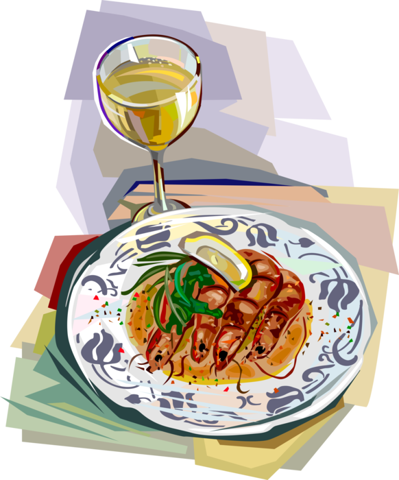 Vector Illustration of Langostino Prawn Shrimp Seafood Dinner with Glass of Wine