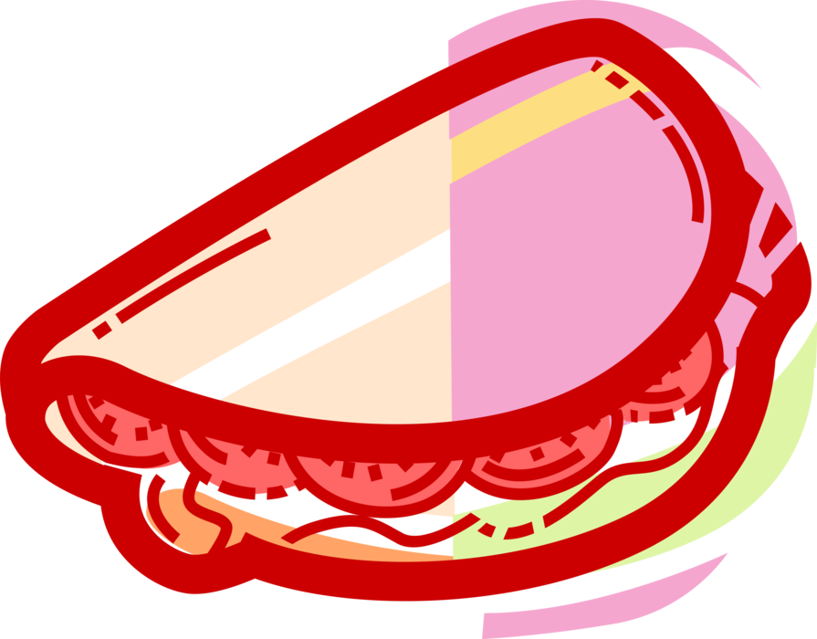 Vector Illustration of Pita Pocket Flatbread Sandwich Sliced Cheese or Meat with Tomatoes and Lettuce
