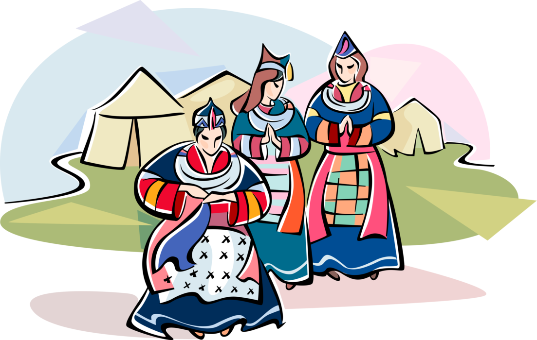 Vector Illustration of Tibetan Women in Traditional Dress Costumes with Turkic Yurt Round Tent