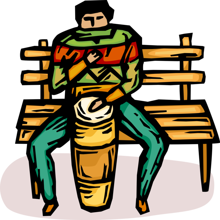 Vector Illustration of Percussionist Musician Plays Bongo Drum Percussion Instrument on Park Bench