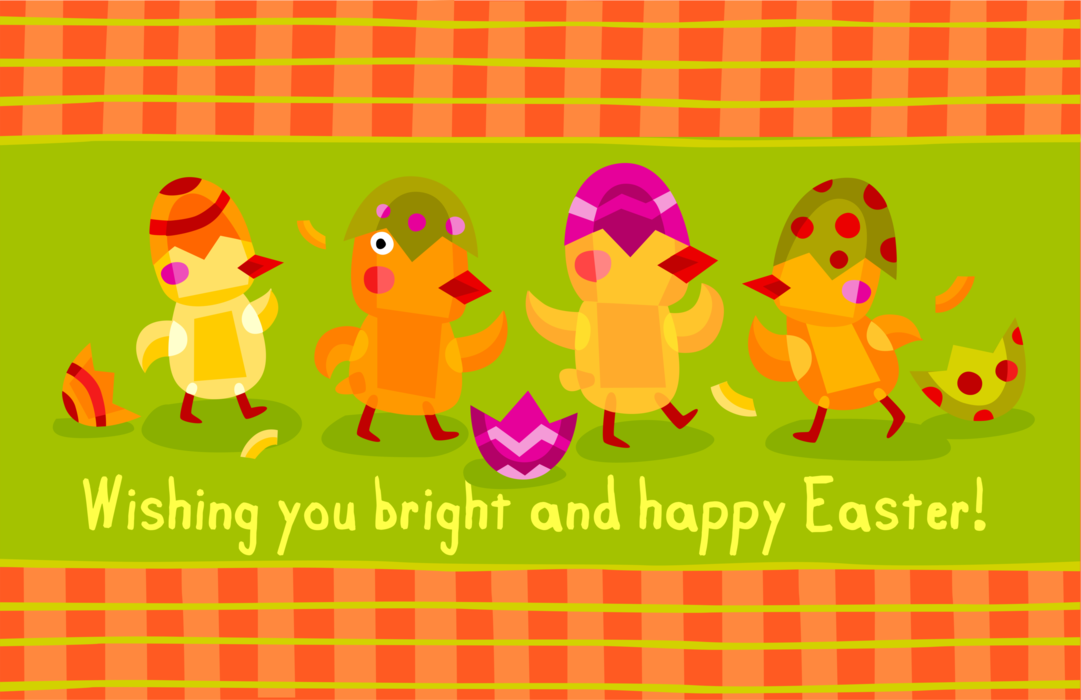 Vector Illustration of Happy Easter Greeting Card with Just Hatched Yellow Chick Birds and Eggshells