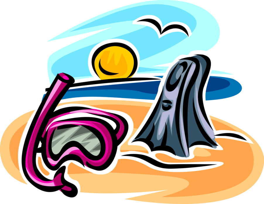 Vector Illustration of Recreational Diving and Swimming Snorkel, Mask and Dive Flipper Fins on Beach with Sun