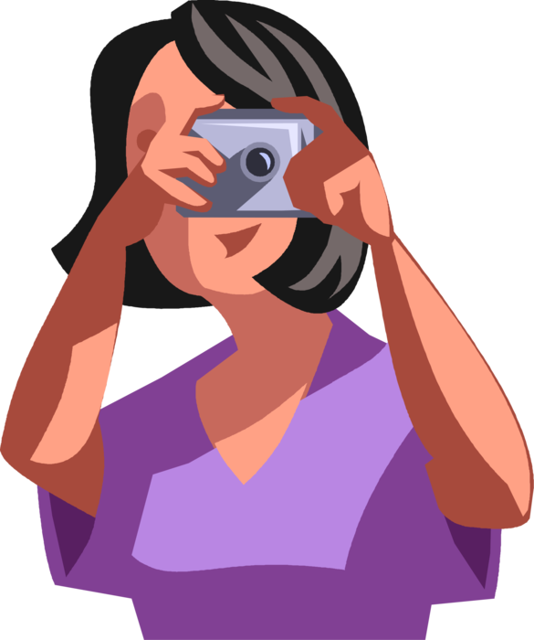 Vector Illustration of Businesswoman Photographer Takes Photo with Photography Camera