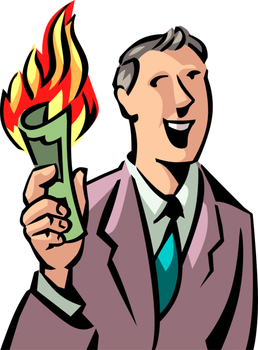 Vector Illustration of Successful Businessman has Money to Burn with Cash Dollars on Fire