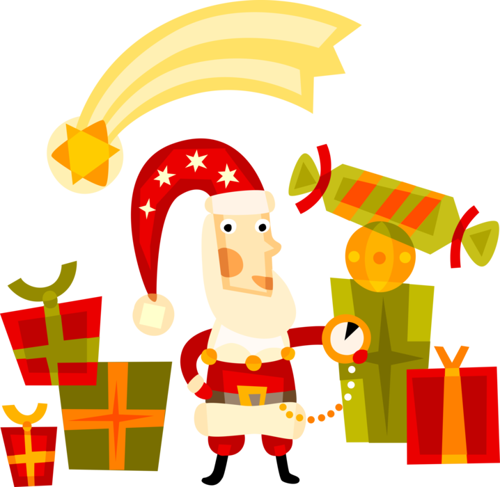 Vector Illustration of Santa Claus, Saint Nicholas, Saint Nick, Father Christmas, with Gift Presents and Shooting Star
