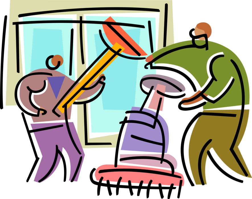Vector Illustration of Office Building Maintenance Worker Cleaners Cleaning with Floor Polisher and Window Squeegee