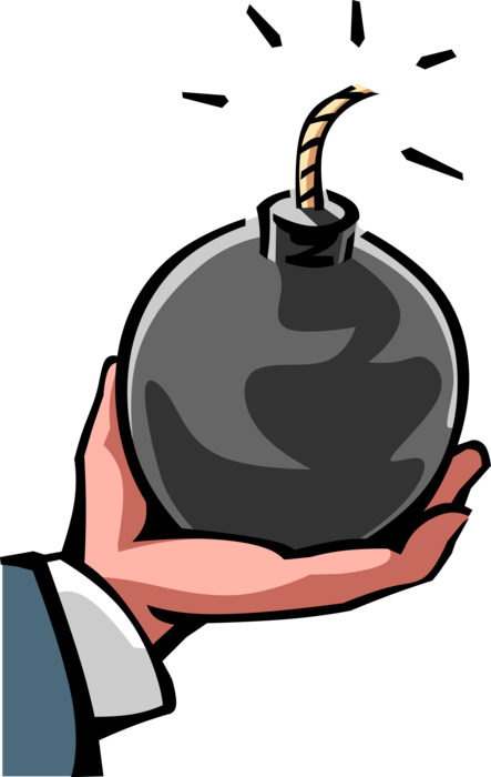 Vector Illustration of Businessman Hand Holds Time Bomb with Lit Fuse About to Explode