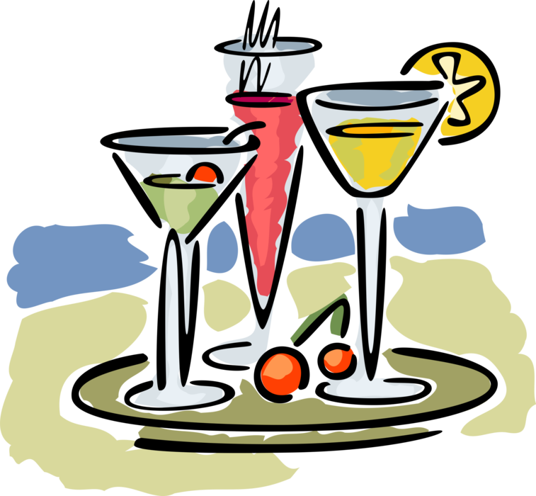 Vector Illustration of Serving Tray of Mixed Alcohol Beverage Cocktail Drinks