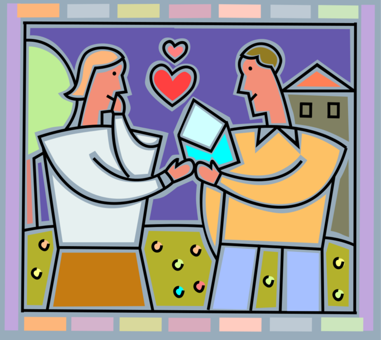 Vector Illustration of Romantic Couple Exchange Greeting Card Love Letter with Hearts on Valentine's Day