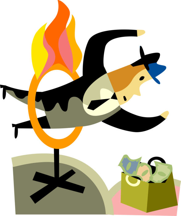 Vector Illustration of Businessman Leaps Through Hoop of Fire to Rescue Financial Money Bag with Cash Dollars