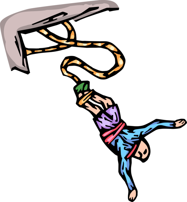 Vector Illustration of Bungee Jumper Jumps with Elastic Rope from Bridge High Above Water