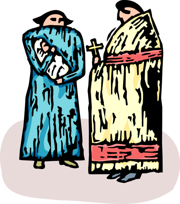 Vector Illustration of Christian Minister Ordained Priest Stands with Mother and Newborn Baby for Christening Baptism