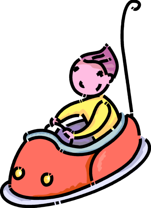 Vector Illustration of Primary or Elementary School Student Girl in Bumper Car Amusement Ride at Midway Fun Park