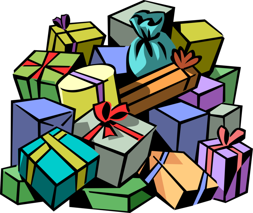 Vector Illustration of Large Pile of Christmas Gift Wrapped Presents with Ribbons and Bows