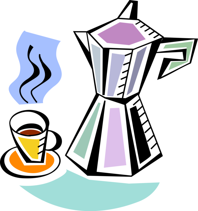 Vector Illustration of Stove-Top Moka Pot Macchinetta Coffee Pot Coffeemaker or Coffee Machine with Demitasse Cup