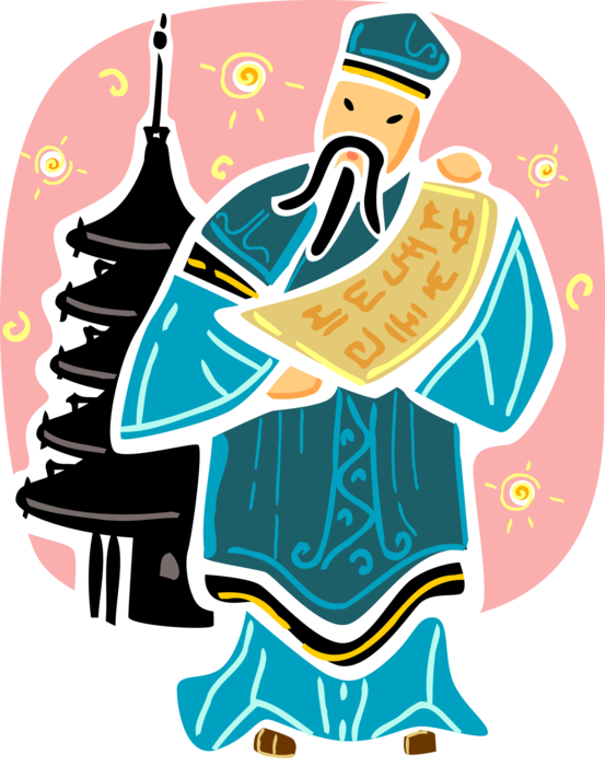 Vector Illustration of Traditional Chinese Taoism Religious Priest with Tao Pagoda Temple Shrine, China