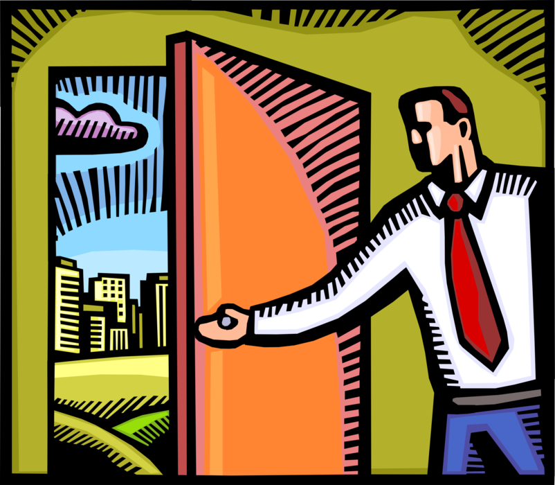 Vector Illustration of Businessman Opens Doorway to Prosperity and New Business Opportunities