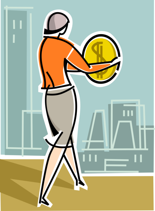 Vector Illustration of Businesswoman with Financial Investment Cash Money Dollar Coin