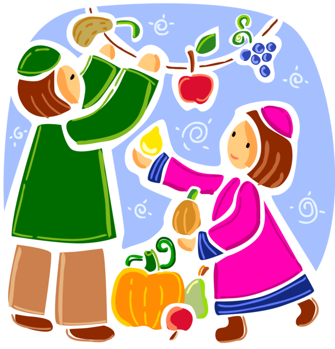 Vector Illustration of Hebrew Children Pick Fall Harvest Fruits and Vegetables on Jewish Kibbutz in Israel
