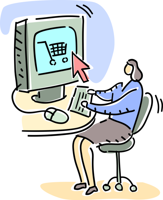 Vector Illustration of Businesswoman Shops Online from Office Computer with Shopping Cart for Transaction Purchases