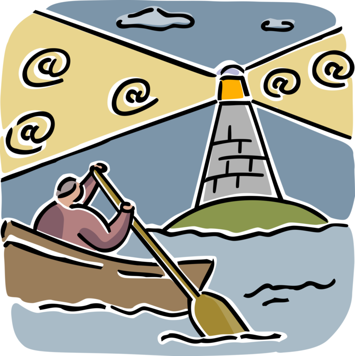 Vector Illustration of Lighthouse Beacon Emits Email Correspondence as Navigational Aid for Businessman in Rowboat Watercraft