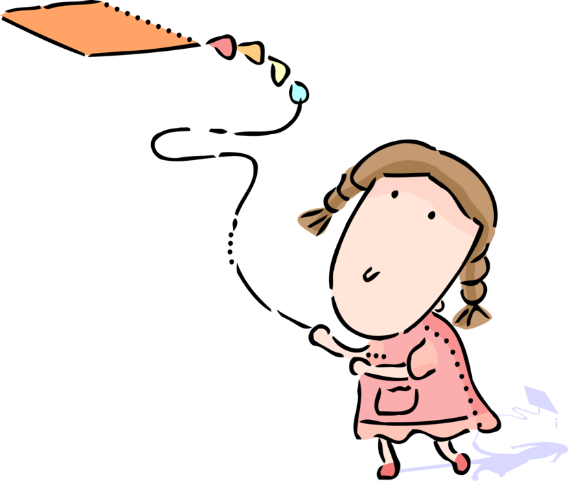 Vector Illustration of Young Child Plays Outdoors Flying Kite 