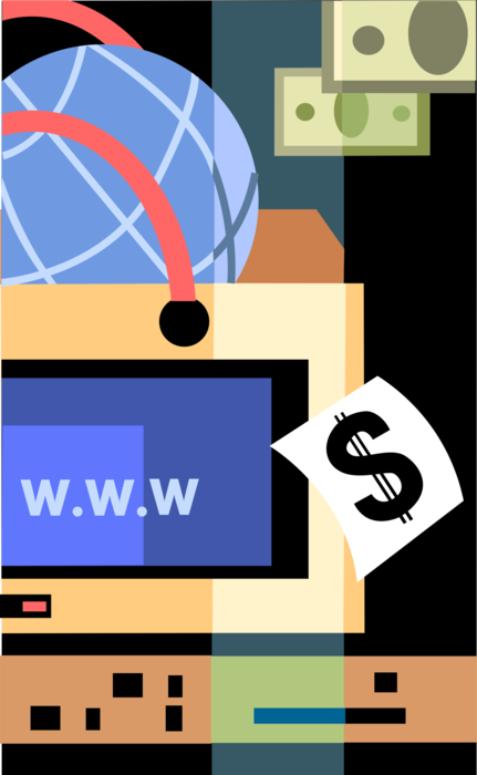 Vector Illustration of Global Ecommerce via Online Internet Computers Providing International Sales Revenue
