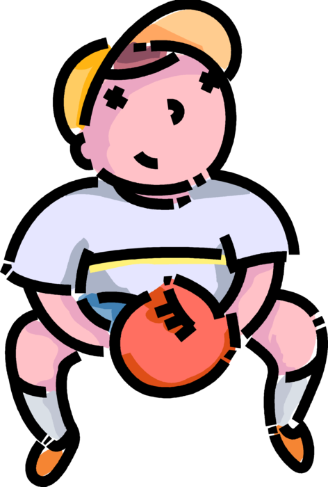 Vector Illustration of Primary or Elementary School Student Boy Catcher Behind Plate Plays Baseball