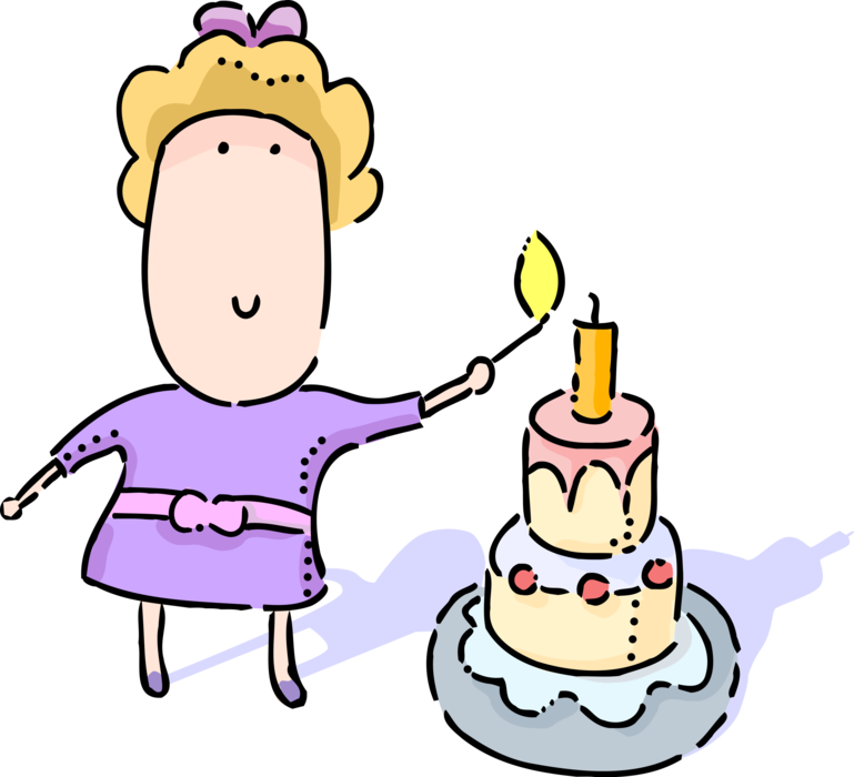 Vector Illustration of Young Girl Lights Candle on Sweet Dessert Baked Birthday Cake