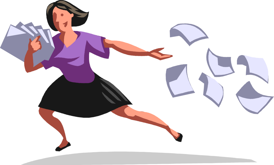 Vector Illustration of Businesswoman Leaves Trail of Office Paperwork During Hectic Workday