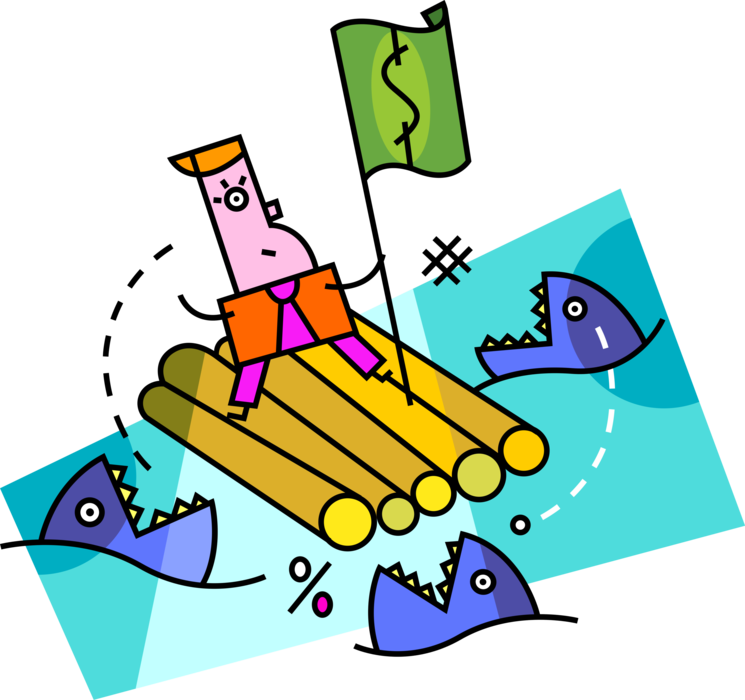 Vector Illustration of Businessman at Risk Stays Afloat on Financial Money Raft in Shark Infested Waters