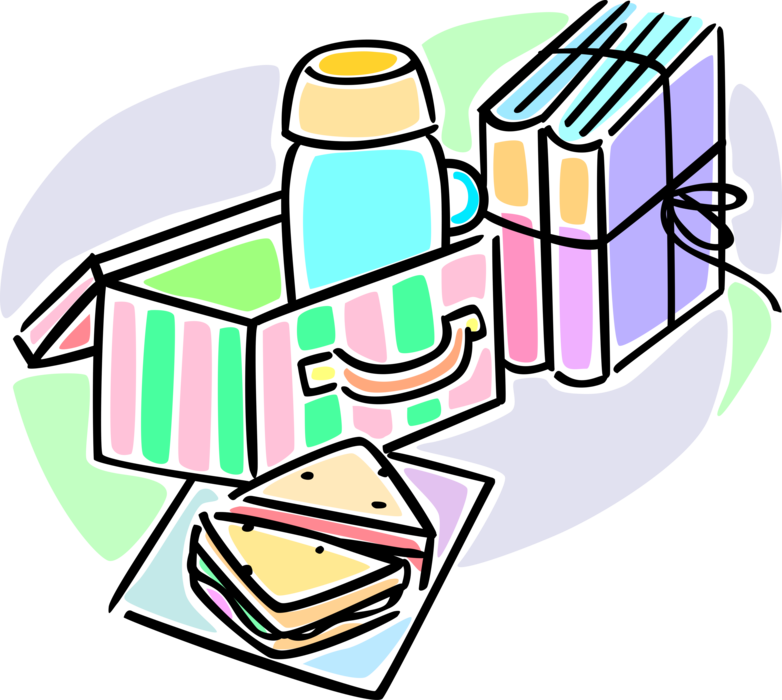 Vector Illustration of Student Lunch in Lunchbox with Thermos, Sandwich, and Schoolbook Textbooks
