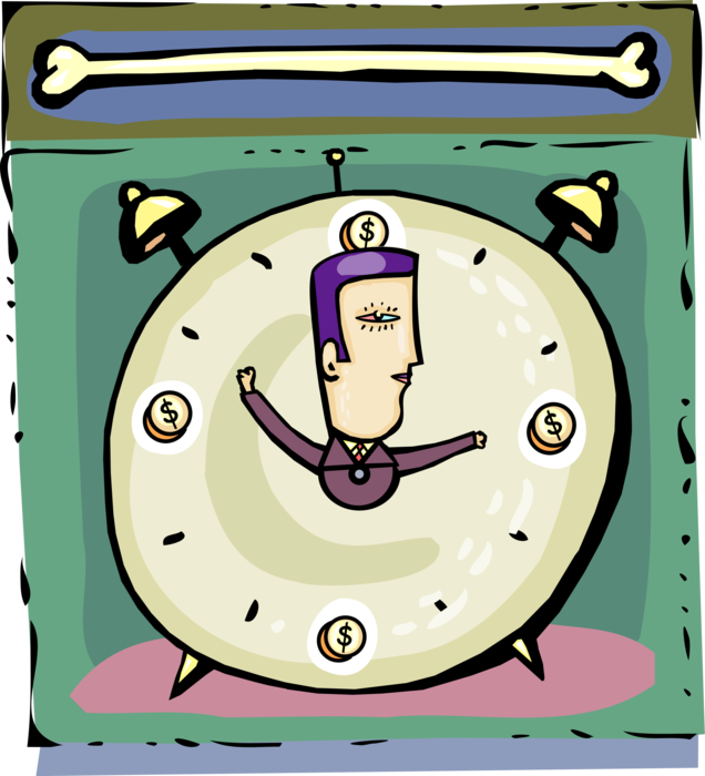 Vector Illustration of Businessman Understands that Time is Money with Alarm Clock Hands of Time