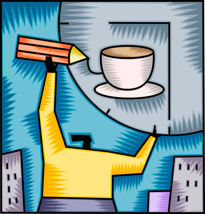 Vector Illustration of Office Worker Pencils In Coffee Break to Workday Schedule with Time Clock