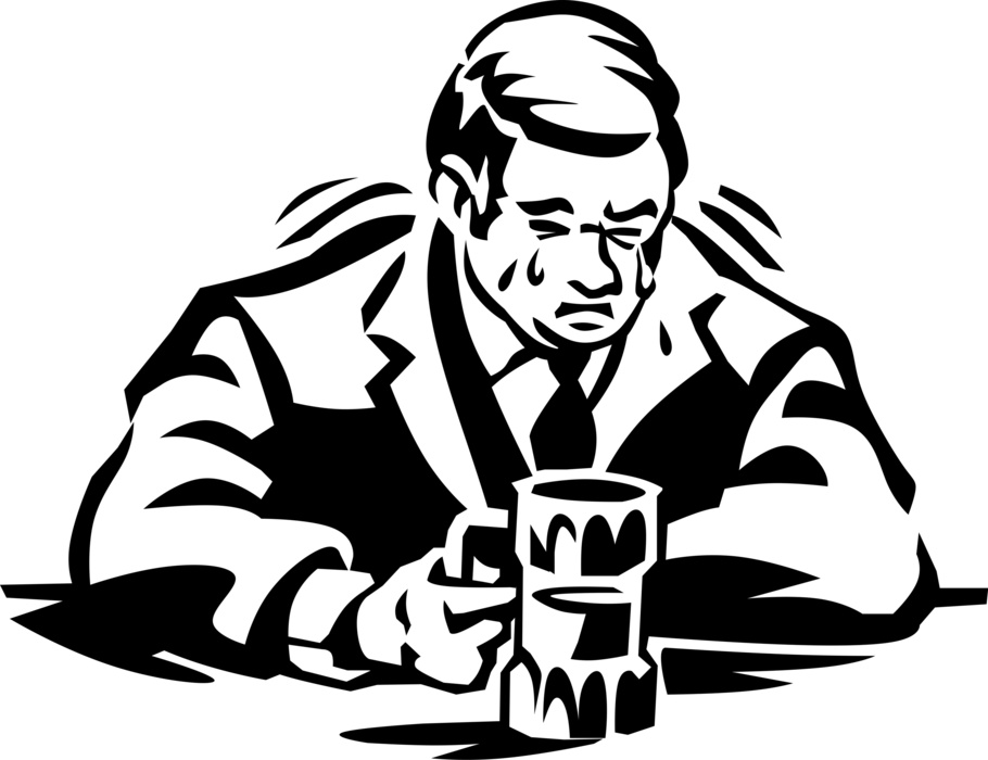 Vector Illustration of Dejected Crestfallen Businessman Cries in Beer Fermented Malt Barley Alcohol Beverage
