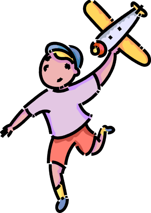 Vector Illustration of Primary or Elementary School Student Boy with Toy Model Airplane
