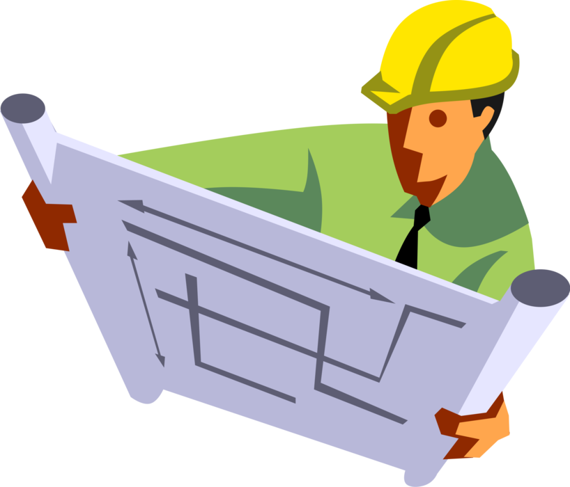 Vector Illustration of Construction Industry Engineer Reviews Blueprint Plans on Job Site
